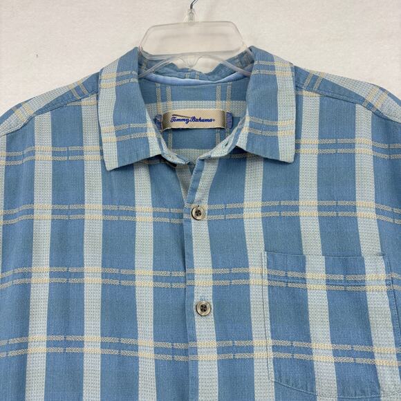 Tommy Bahama Shirt Mens L Blue Plaid Silk Cotton Blend Button Up Short Sleeve - Picture 2 of 10